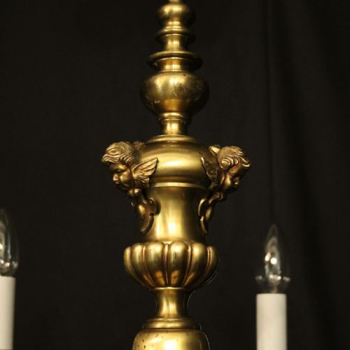 ENGLISH PAIR BRASS 6 LIGHT ANTIQUE CHANDELIERS - ADDITIONAL PHOTO 4