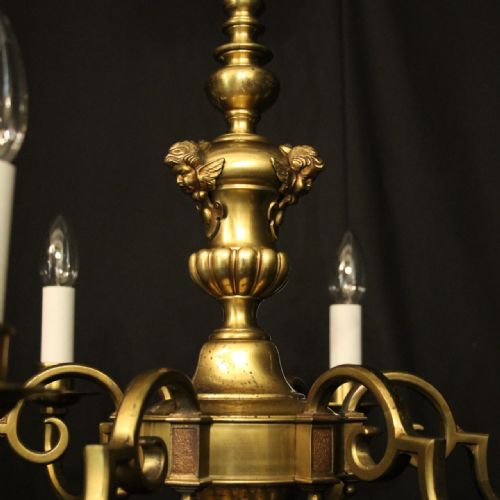 ENGLISH PAIR BRASS 6 LIGHT ANTIQUE CHANDELIERS - ADDITIONAL PHOTO 5