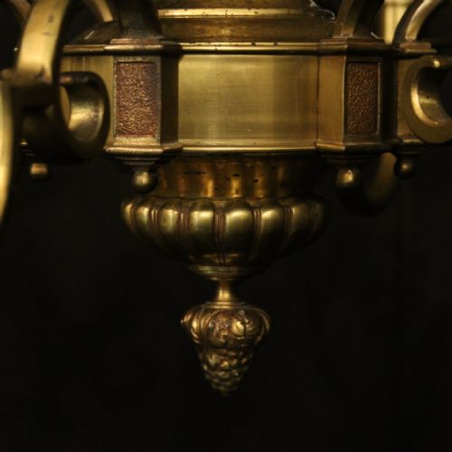 ENGLISH PAIR BRASS 6 LIGHT ANTIQUE CHANDELIERS - ADDITIONAL PHOTO 8
