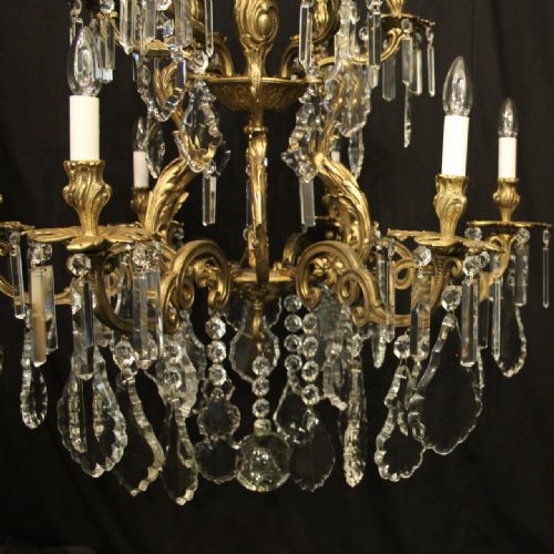 FRENCH LARGE GILDED BRONZE CRYSTAL 12 LIGHT ANTIQUE CHANDELIER - ADDITIONAL PHOTO 6