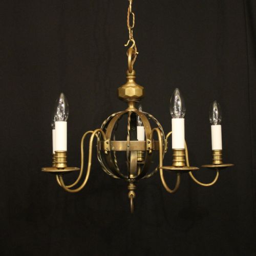 english gilded brass 5 light antique chandelier - CATEGORY: ANTIQUE LIGHTING - DATED 1920