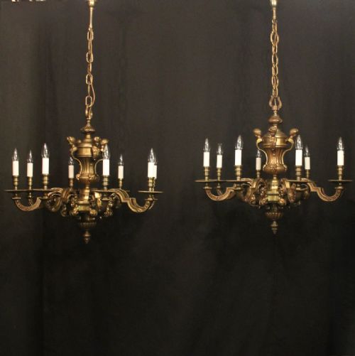french pair of gilded bronze 8 light antique chandeliers - CATEGORY: ANTIQUE JEWELLERY - DATED 1930