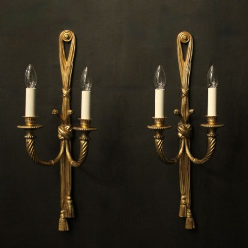 french pair of gilded bronze twin arm rope antique wall lights - CATEGORY: ANTIQUE LIGHTING - DATED 1930