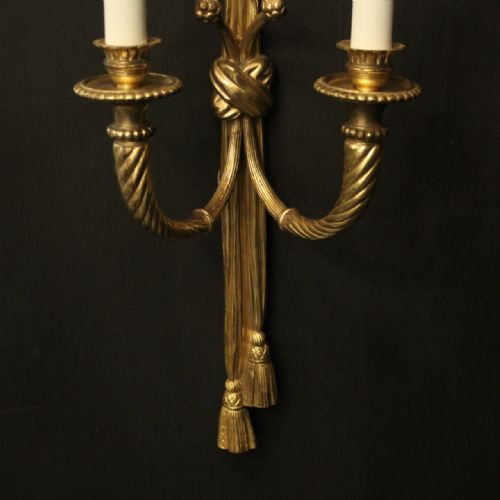 FRENCH PAIR OF GILDED BRONZE TWIN ARM ROPE ANTIQUE WALL LIGHTS - ADDITIONAL PHOTO 2