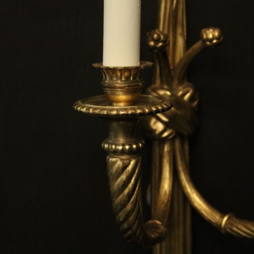 FRENCH PAIR OF GILDED BRONZE TWIN ARM ROPE ANTIQUE WALL LIGHTS - ADDITIONAL PHOTO 3