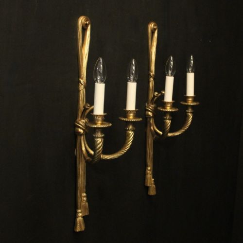 FRENCH PAIR OF GILDED BRONZE TWIN ARM ROPE ANTIQUE WALL LIGHTS - ADDITIONAL PHOTO 9