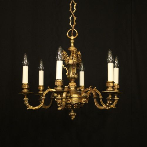 english gilded bronze 6 light antique chandelier - CATEGORY: ANTIQUE LIGHTING - DATED 1920