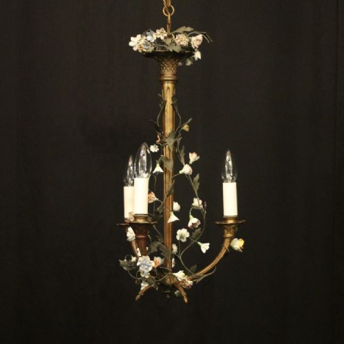 french gilded bronze triple light antique chandelier - CATEGORY: ANTIQUE LIGHTING - DATED 1900