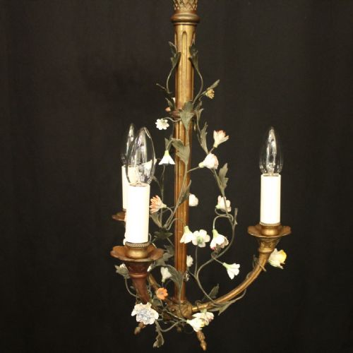 FRENCH GILDED BRONZE TRIPLE LIGHT ANTIQUE CHANDELIER - ADDITIONAL PHOTO 3