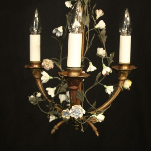 FRENCH GILDED BRONZE TRIPLE LIGHT ANTIQUE CHANDELIER - ADDITIONAL PHOTO 8