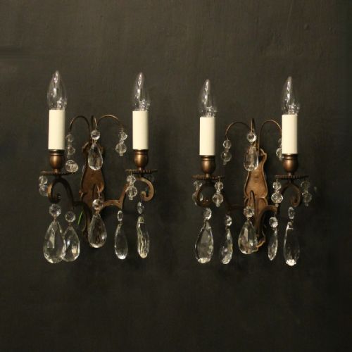 french pair of crystal twin arm antique wall lights - CATEGORY: ANTIQUE LIGHTING - DATED 1920