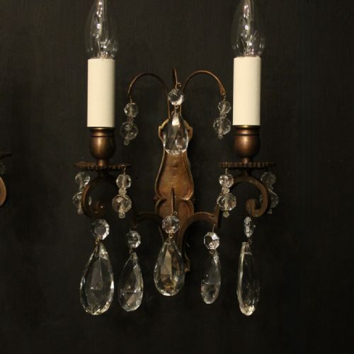 FRENCH PAIR OF CRYSTAL TWIN ARM ANTIQUE WALL LIGHTS - ADDITIONAL PHOTO 1