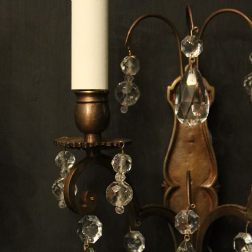 FRENCH PAIR OF CRYSTAL TWIN ARM ANTIQUE WALL LIGHTS - ADDITIONAL PHOTO 3
