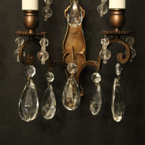 FRENCH PAIR OF CRYSTAL TWIN ARM ANTIQUE WALL LIGHTS - ADDITIONAL PHOTO 4