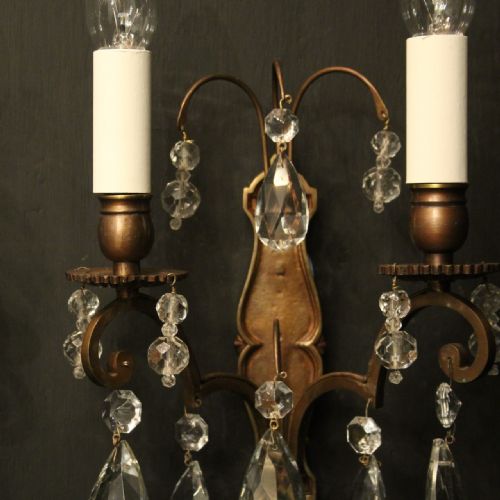 FRENCH PAIR OF CRYSTAL TWIN ARM ANTIQUE WALL LIGHTS - ADDITIONAL PHOTO 5
