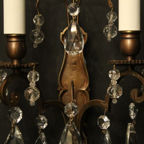 FRENCH PAIR OF CRYSTAL TWIN ARM ANTIQUE WALL LIGHTS - ADDITIONAL PHOTO 7