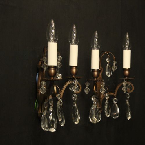 FRENCH PAIR OF CRYSTAL TWIN ARM ANTIQUE WALL LIGHTS - ADDITIONAL PHOTO 9