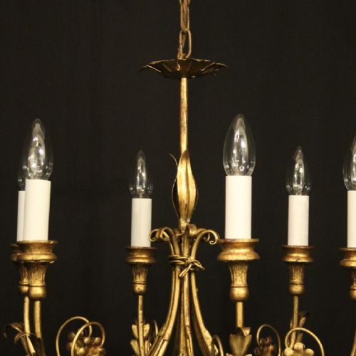 FRENCH GILDED TOLEWARE 6 LIGHT CHANDELIER - ADDITIONAL PHOTO 4
