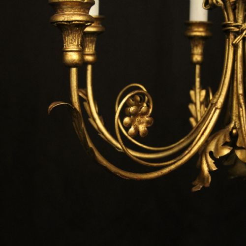 FRENCH GILDED TOLEWARE 6 LIGHT CHANDELIER - ADDITIONAL PHOTO 6