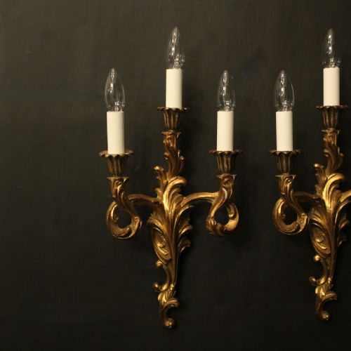 FRENCH PAIR OF TRIPLE ARM GILTWOOD WALL LIGHTS - ADDITIONAL PHOTO 1