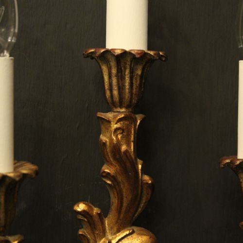FRENCH PAIR OF TRIPLE ARM GILTWOOD WALL LIGHTS - ADDITIONAL PHOTO 4