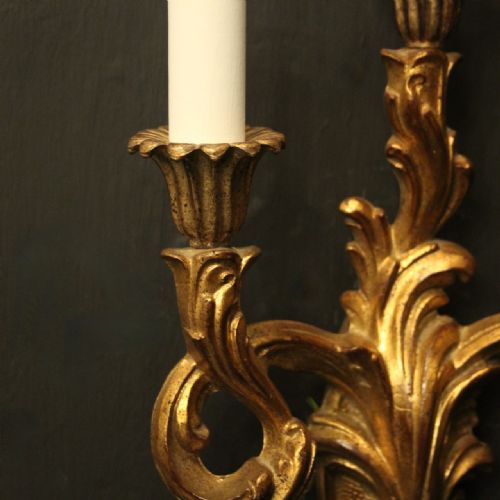 FRENCH PAIR OF TRIPLE ARM GILTWOOD WALL LIGHTS - ADDITIONAL PHOTO 5