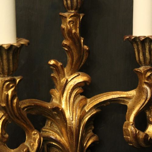 FRENCH PAIR OF TRIPLE ARM GILTWOOD WALL LIGHTS - ADDITIONAL PHOTO 6