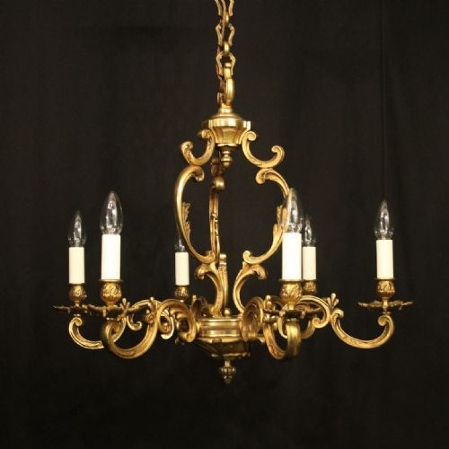 french gilded bronze 6 light antique chandelier - CATEGORY: ANTIQUE LIGHTING - DATED 1920