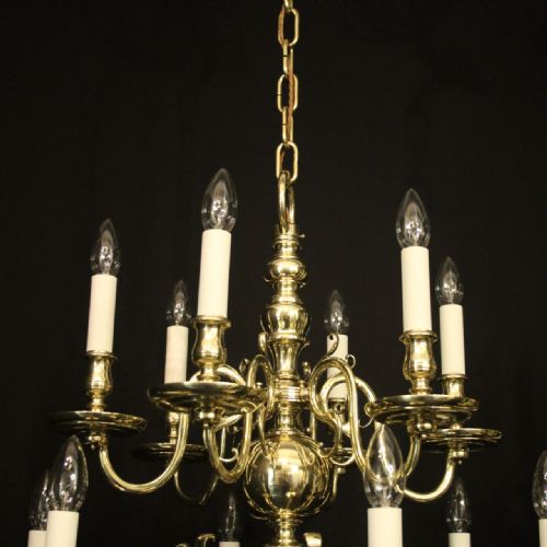 ENGLISH PAIR OF BRASS 12 LIGHT ANTIQUE CHANDELIERS - ADDITIONAL PHOTO 2