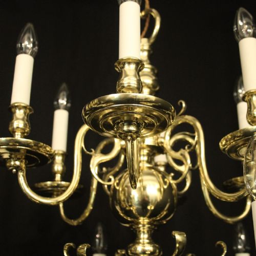 ENGLISH PAIR OF BRASS 12 LIGHT ANTIQUE CHANDELIERS - ADDITIONAL PHOTO 4