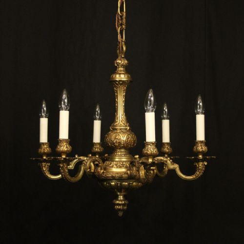 french gilded bronze 6 light antique chandelier - CATEGORY: ANTIQUE LIGHTING - DATED 19TH CENTURY
