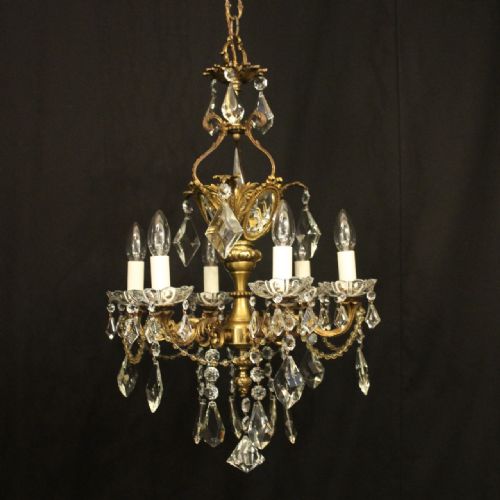 french gilded brass crystal 6 light antique chandelier - CATEGORY: ANTIQUE LIGHTING - DATED 1920