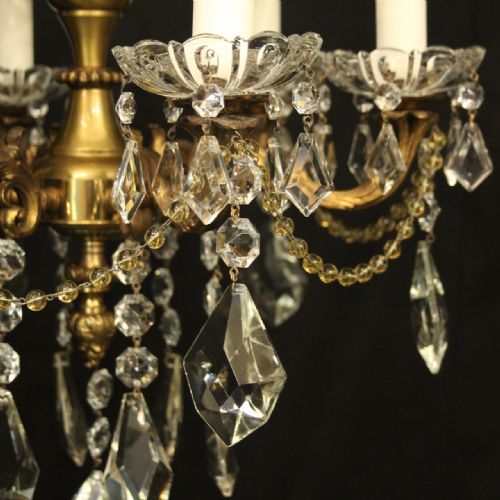 FRENCH GILDED BRASS CRYSTAL 6 LIGHT ANTIQUE CHANDELIER - ADDITIONAL PHOTO 4