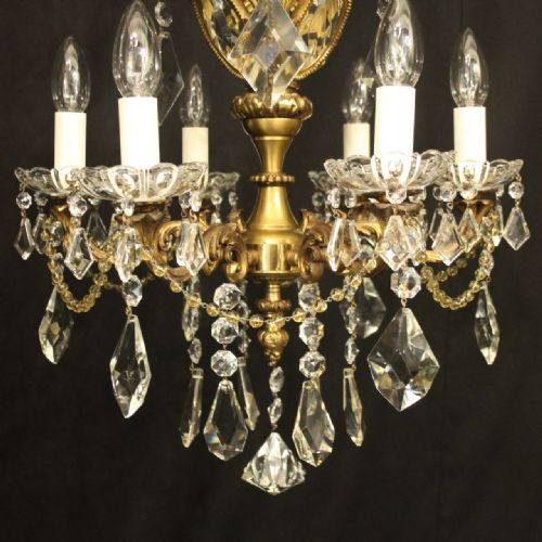 FRENCH GILDED BRASS CRYSTAL 6 LIGHT ANTIQUE CHANDELIER - ADDITIONAL PHOTO 5