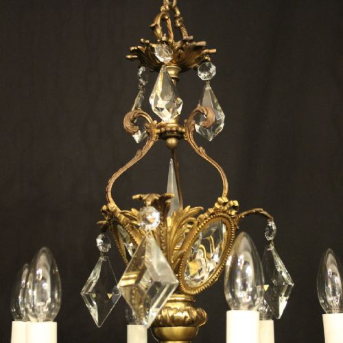 FRENCH GILDED BRASS CRYSTAL 6 LIGHT ANTIQUE CHANDELIER - ADDITIONAL PHOTO 6