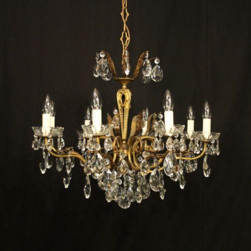french gilded bronze crystal 8 light antique chandelier - CATEGORY: ANTIQUE LIGHTING - DATED 1920
