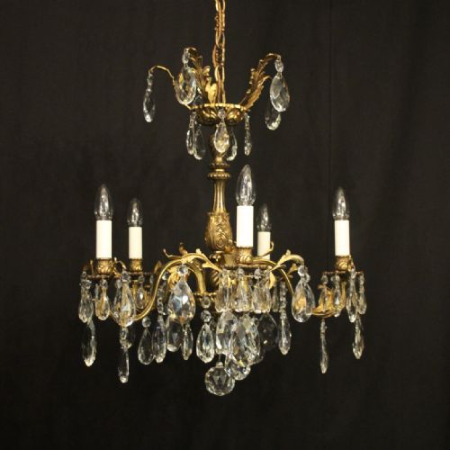 french gilded bronze crystal 6 light antique chandelier - CATEGORY: ANTIQUE LIGHTING - DATED 1920