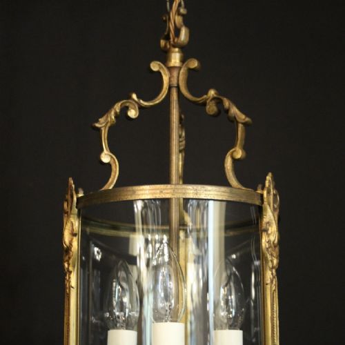 FRENCH GILDED TRIPLE LIGHT CONVEX HALL ANTIQUE LANTERN - ADDITIONAL PHOTO 2