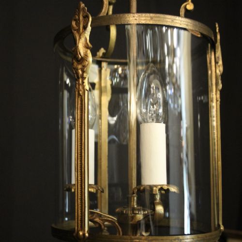 FRENCH GILDED TRIPLE LIGHT CONVEX HALL ANTIQUE LANTERN - ADDITIONAL PHOTO 3