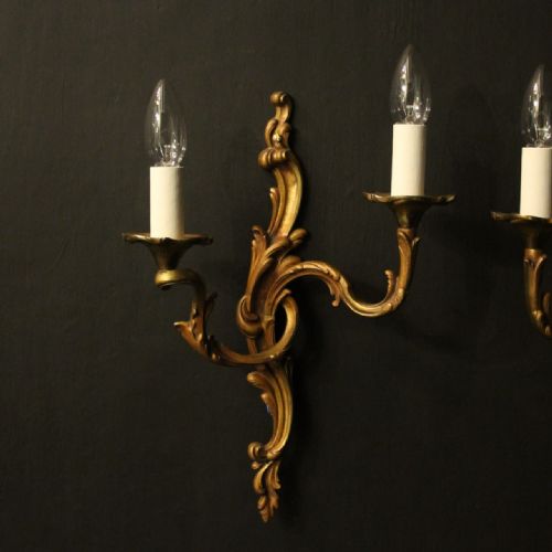 FRENCH PAIR OF GILDED BRONZE TWIN ARM ANTIQUE WALL LIGHTS - ADDITIONAL PHOTO 1