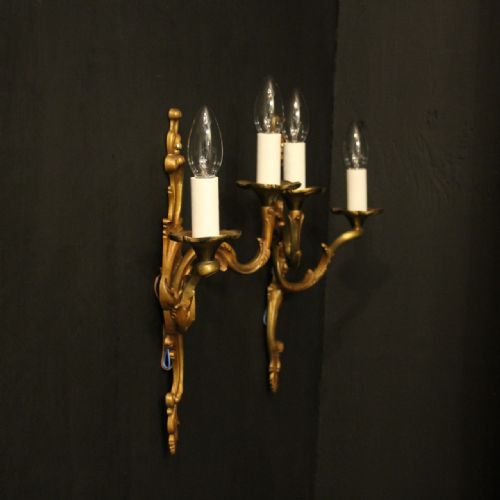 FRENCH PAIR OF GILDED BRONZE TWIN ARM ANTIQUE WALL LIGHTS - ADDITIONAL PHOTO 9