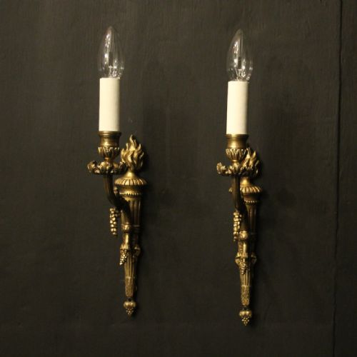 french pair of gilded bronze single arm antique wall lights - CATEGORY: ANTIQUE LIGHTING - DATED 1910