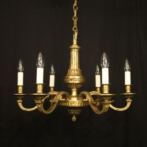 french gilded bronze 6 light antique chandelier - CATEGORY: ANTIQUE LIGHTING - DATED 1910