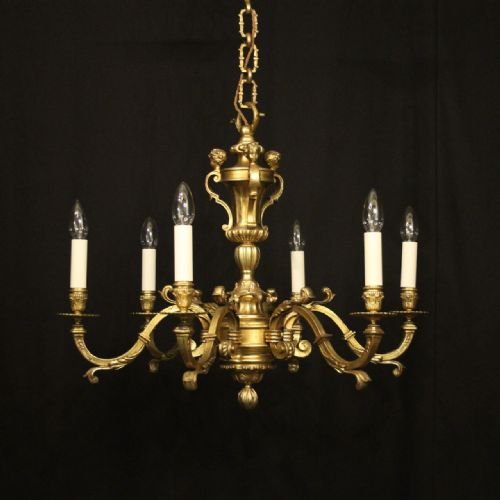 french gilded bronze 6 light antique chandelier - CATEGORY: ANTIQUE LIGHTING - DATED 19TH CENTURY