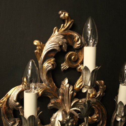 FLORENTINE PAIR OF SILVER GILTWOOD TRIPLE ARM WALL LIGHTS - ADDITIONAL PHOTO 5