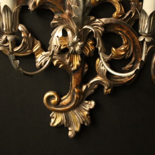 FLORENTINE PAIR OF SILVER GILTWOOD TRIPLE ARM WALL LIGHTS - ADDITIONAL PHOTO 8