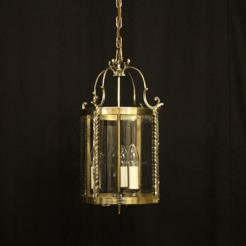 french brass triple light antique convex hall lantern - CATEGORY: ANTIQUE LIGHTING - DATED 1920