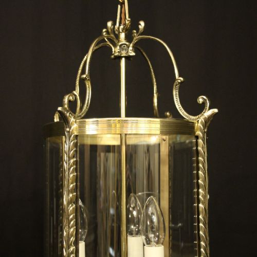 FRENCH BRASS TRIPLE LIGHT ANTIQUE CONVEX HALL LANTERN - ADDITIONAL PHOTO 1