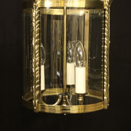 FRENCH BRASS TRIPLE LIGHT ANTIQUE CONVEX HALL LANTERN - ADDITIONAL PHOTO 2