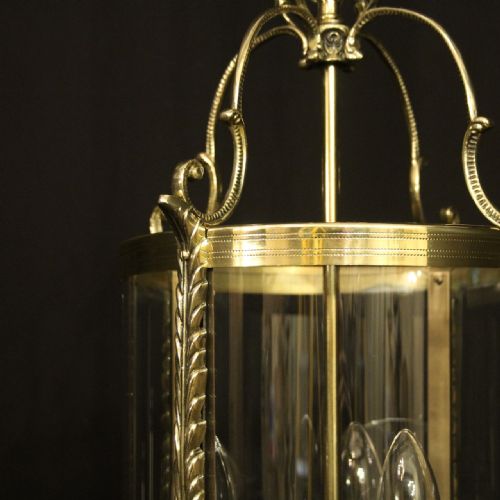 FRENCH BRASS TRIPLE LIGHT ANTIQUE CONVEX HALL LANTERN - ADDITIONAL PHOTO 3